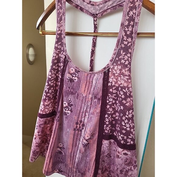 Small Mudd Boho Purples Pink Floral Print Lace Accent Back Sleeveless Tank Top - Picture 7 of 13